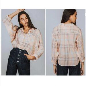 Free People Oversized Cropped Plaid Button Down Shirt